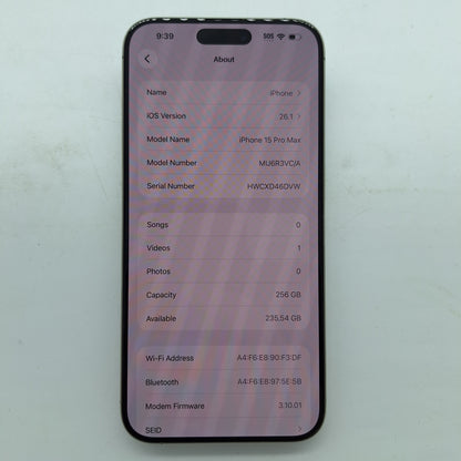 Unlocked Apple iPhone 15 Pro Max 256GB 26.1 Silver A3105