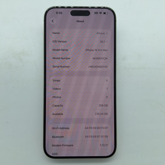 Unlocked Apple iPhone 15 Pro Max 256GB 26.1 Silver A3105